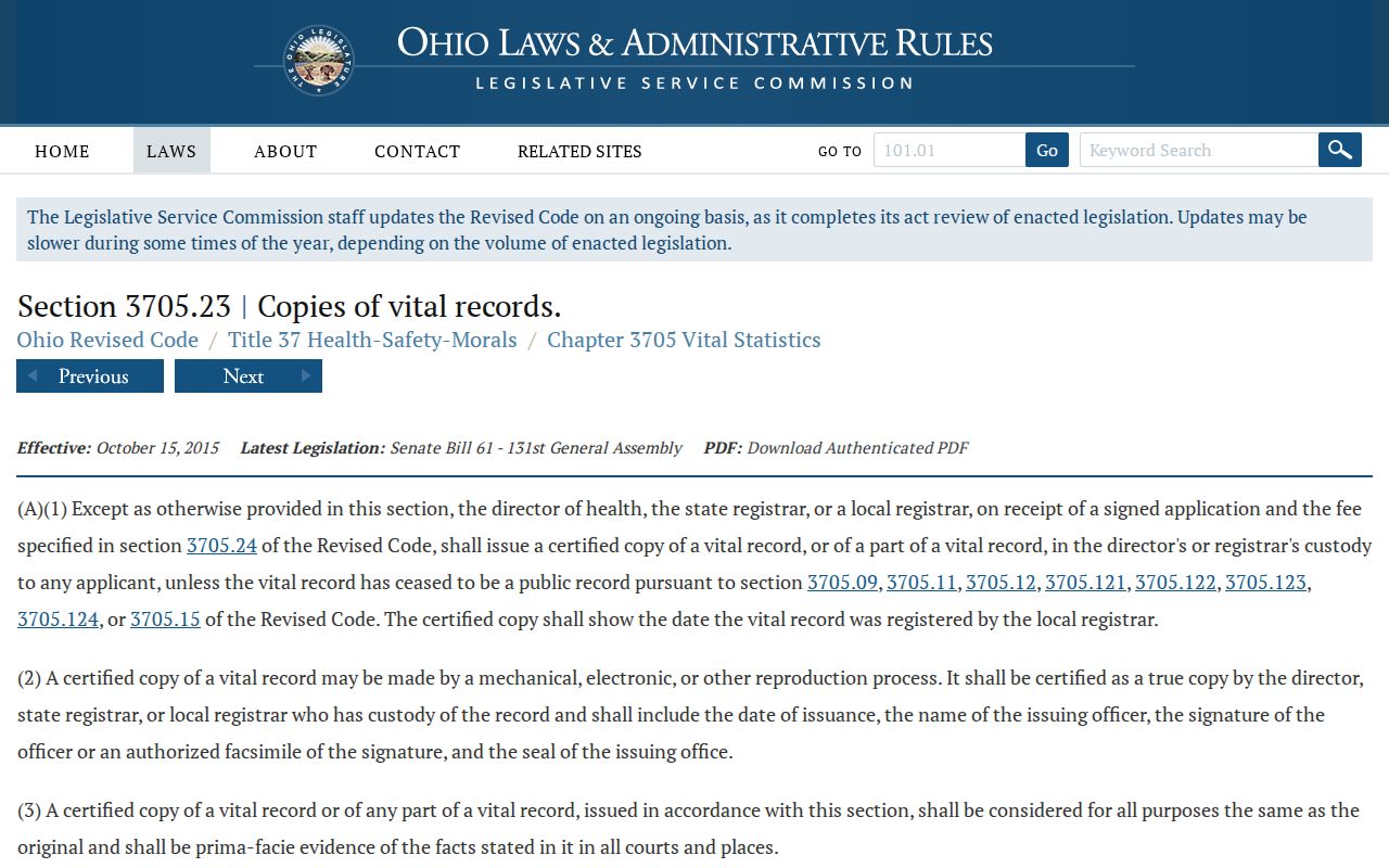 Mentor residents directory Ohio vital record statute source