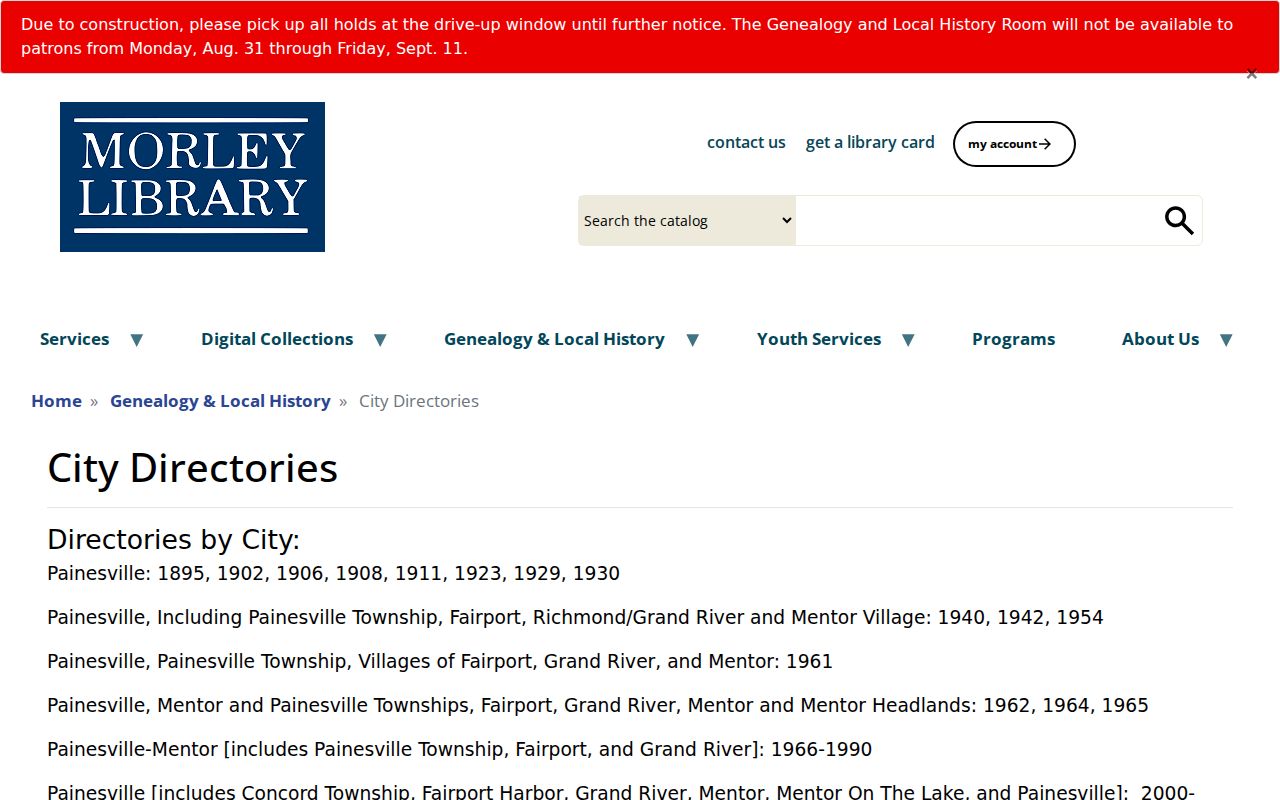 Mentor city directory holdings listed on Morley Library city collections page