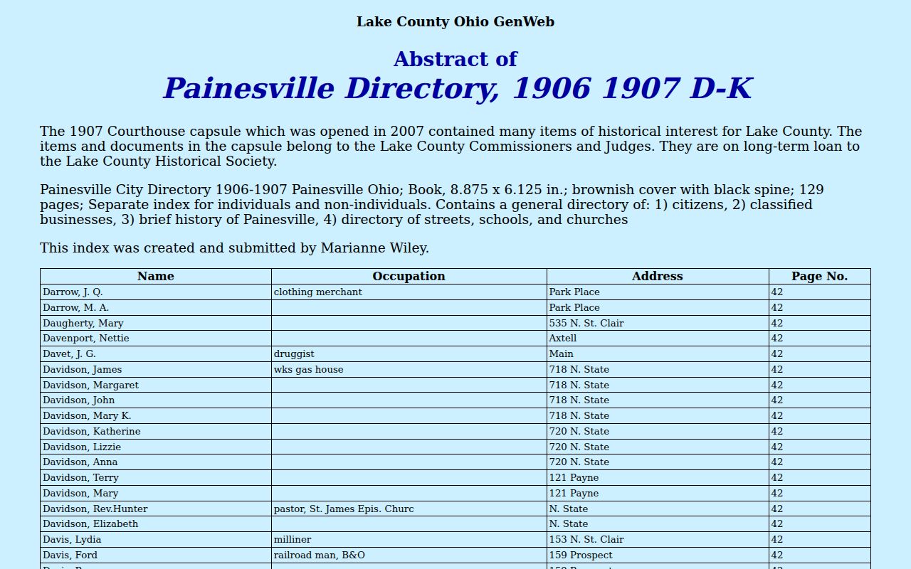 Mentor previous residents research using historic Lake County directory entry